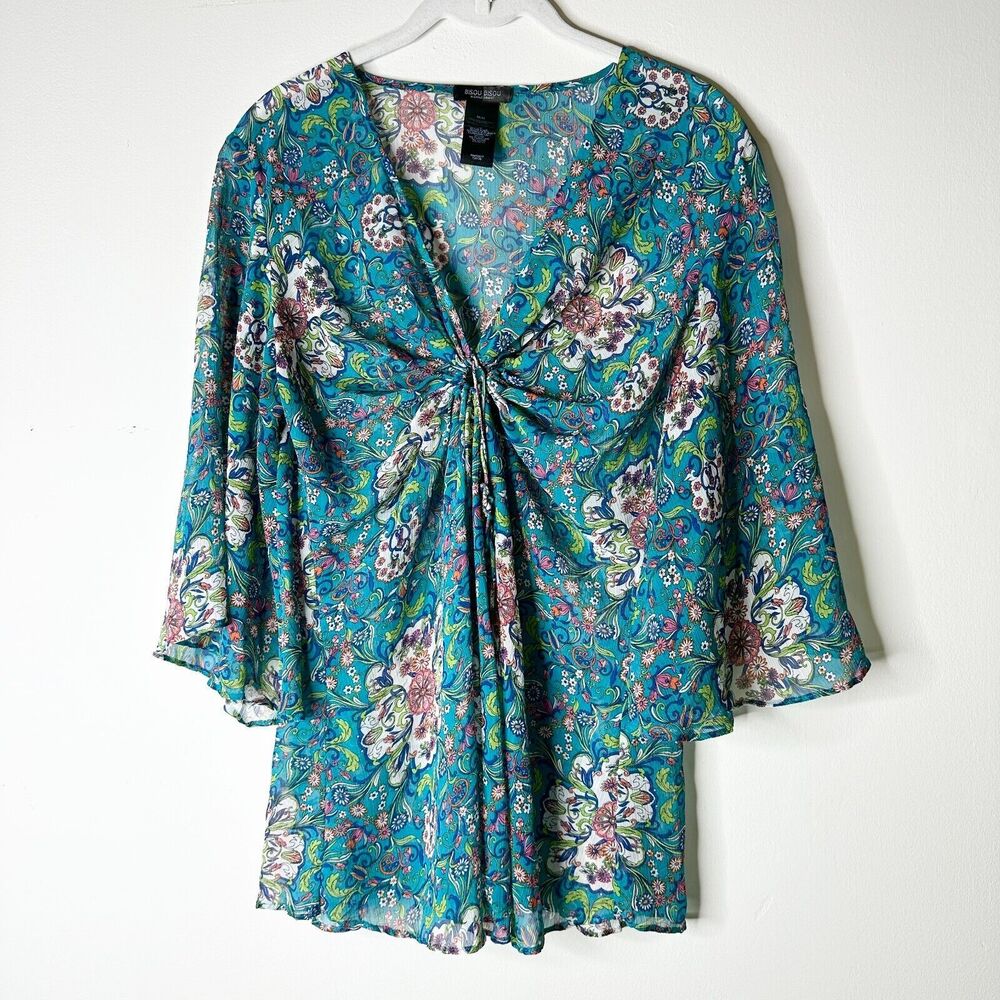 BISOU BISOU Top Women M Teal Blue Floral Sheer Flowy Babydoll V-neck Blouse NWOT